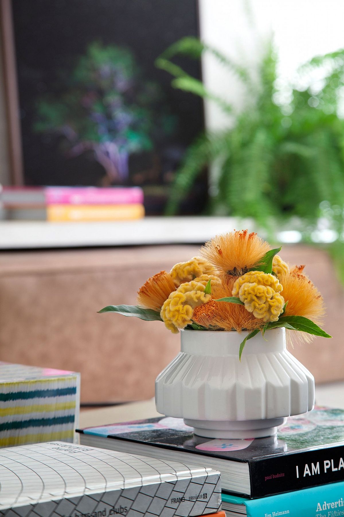 Colorful flowers add freshness and cheerful allure to the interior