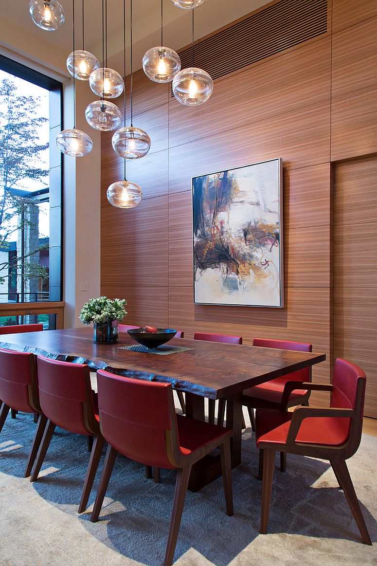 Combine the live edge dining table with striking, colorful chairs [Design: Lorissa Kimm Architect]