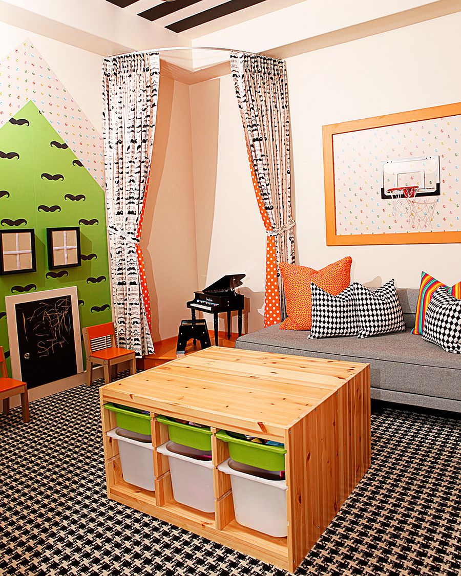 Corner stage in the kids' playroom is a fun addition [Design: Mary Meinz Design]