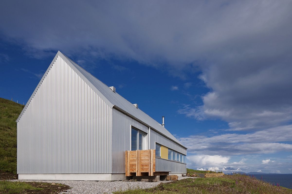 Corrugated metal sheeting shapes the exterior of Tinhouse on the Isle of Skye