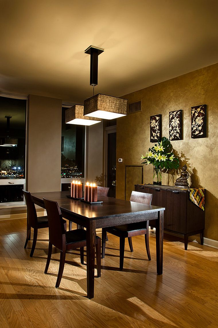 Cozy ambiance with warm hues is ideal for the Asian style dining room