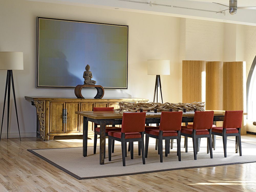 Custom Zen plank dining table and buffet in the Asian style dining space [Design: Alan Kosa Interiors]