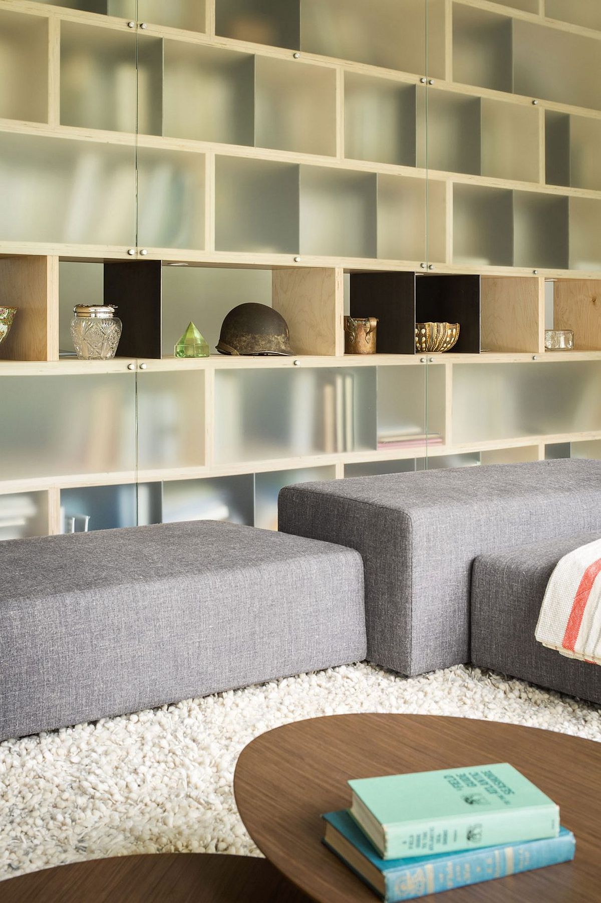 Custom cabinetry in the living room and reading space with frosted glass doors