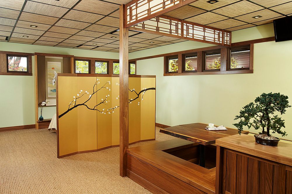 Custom table and seating in walnut shape a unique Asian style dining room