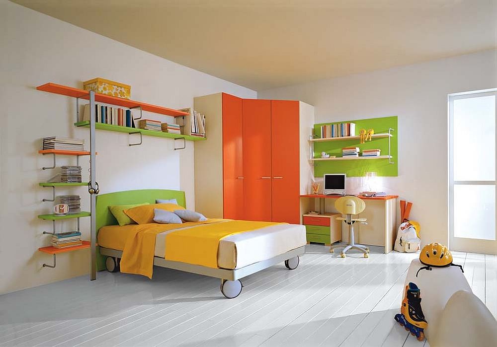 Custom wardrobe in orange perfectly fits into the corner