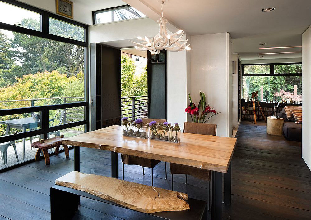 Dining table bench with natural wooden surface complements the dining table in a fun fashion [Design: Dawson & Clinton]