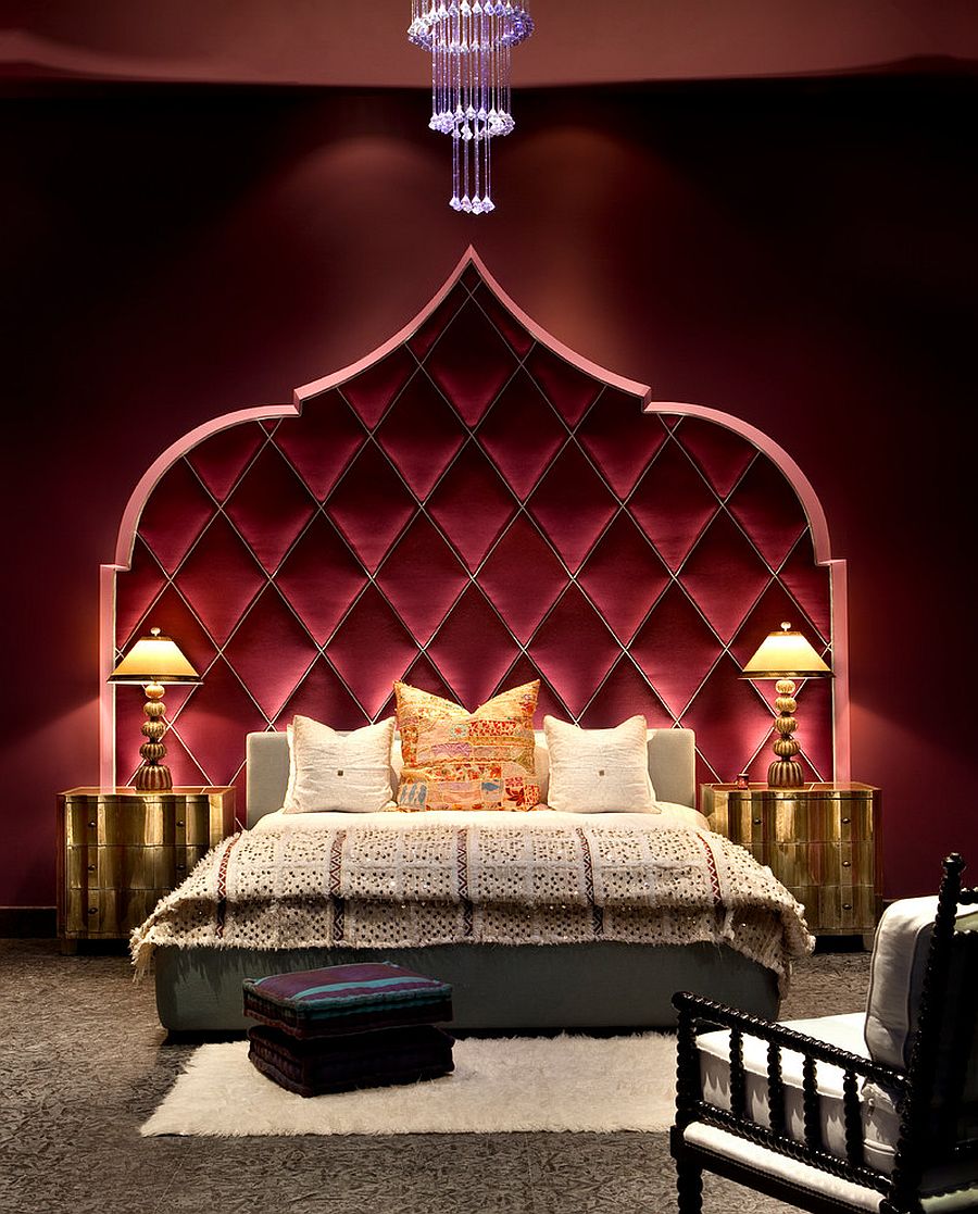Dramatic Mediterranean bedroom with twin gold nightstands [From: Gordon Stein Design]