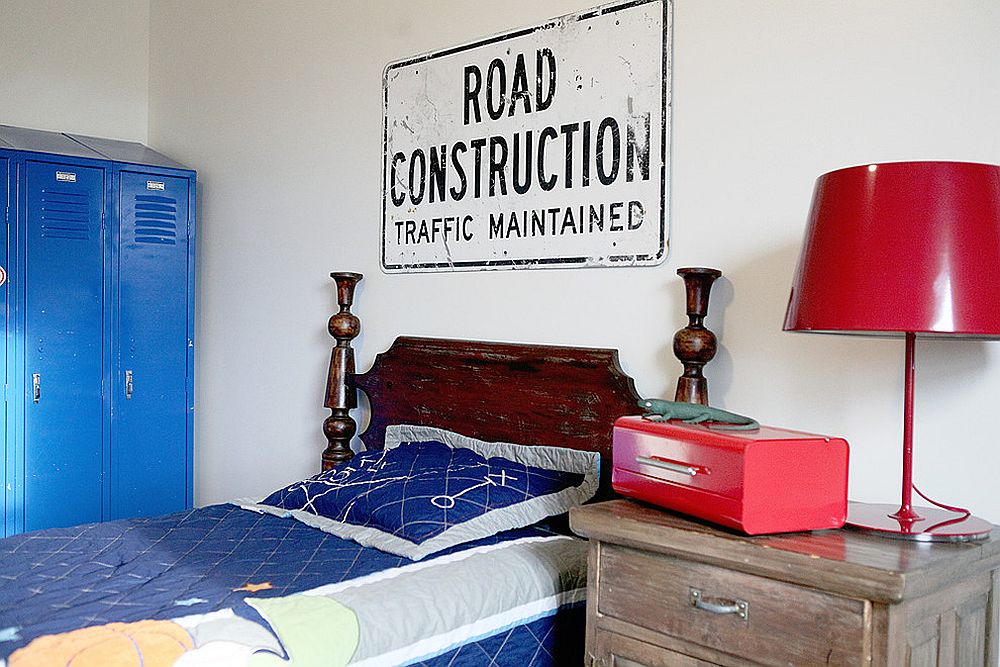 Farmhouse style kids' room with a road sign above the bed [From: Julie Ranee Photography]