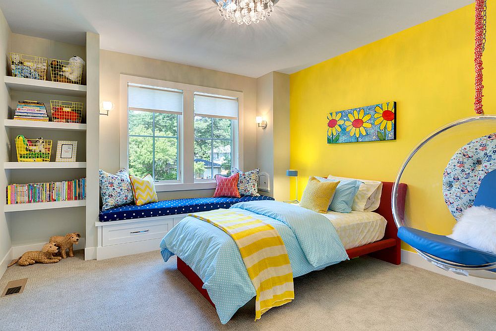 Fiesta Yellow fashions a striking accent wall in the cheerful kids' room [Design: REFINED LLC]