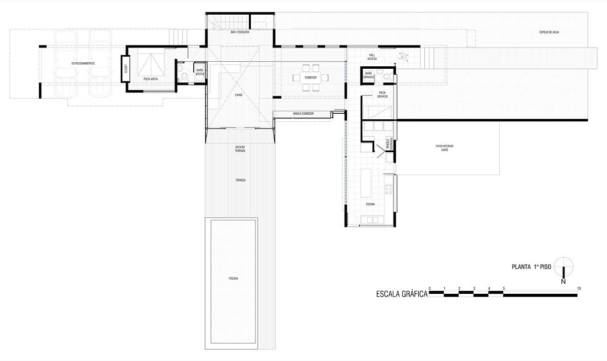 Floor plan of first level of contemporary private home in Chile