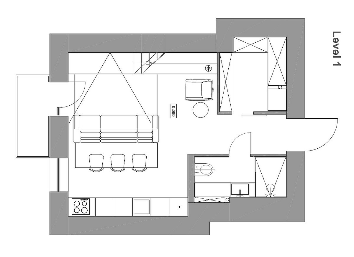 Floor plan of small apartment with a loft bedroom level