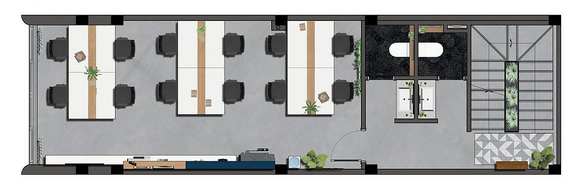 Floor plan of the second level with workspaces