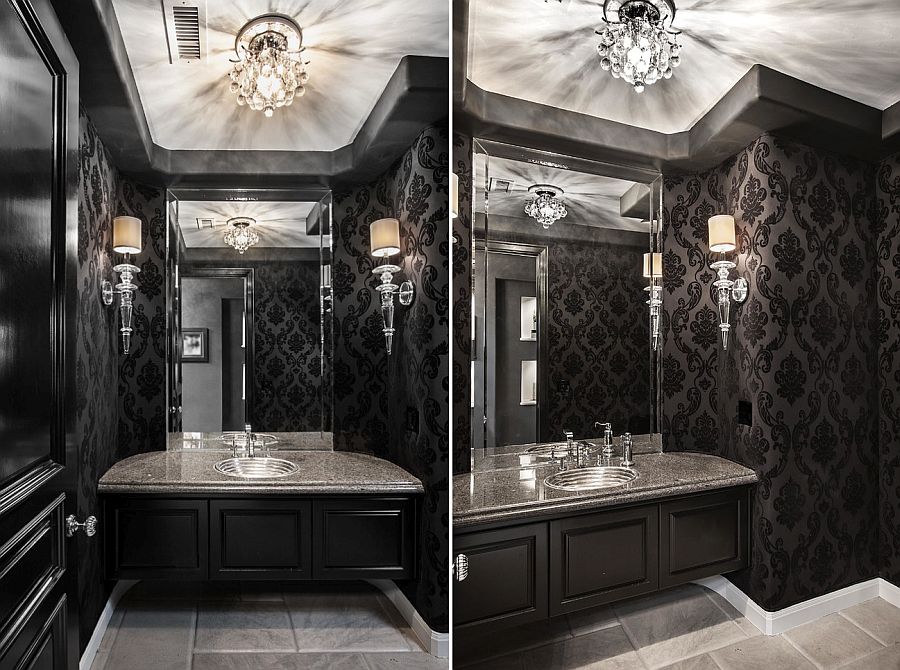 Glamorous powder room in black and white