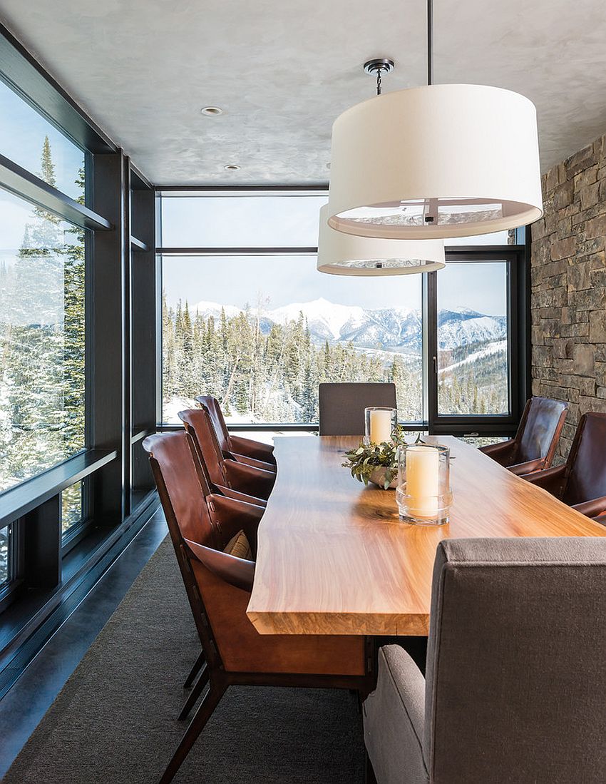 Glass and stone walls coupled with live edge dining table offer ample textural contrast [From: Pearson Design Group]