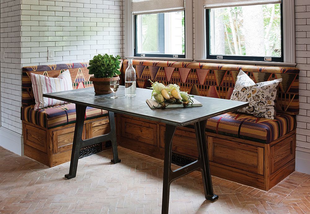 Handcrafted reclaimed chestnut bench for the rustic banquette [Design: Crown Point Cabinetry]