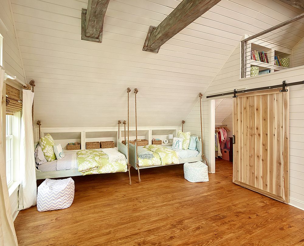 Hanging beds for the cheerful beach style kids' bedroom [Design: Vintage Porch Swings]