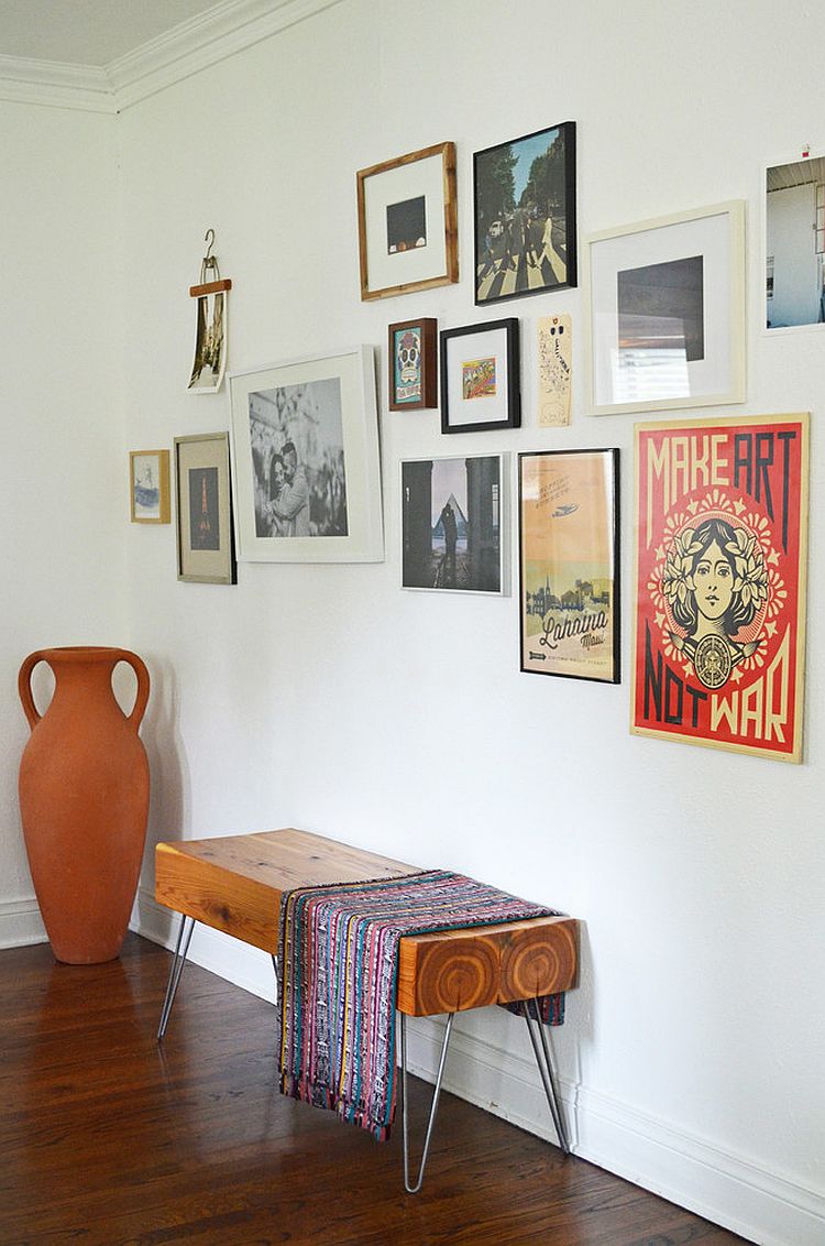 Homemade bench for the entry gives it a midcentury style [From: Sarah Greenman]