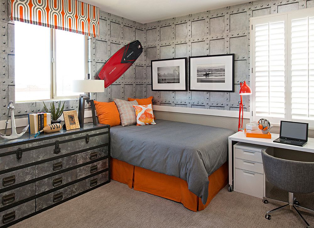 Industrial eclectic kids' bedroom with corner bed [Deign: Studio Dwell]