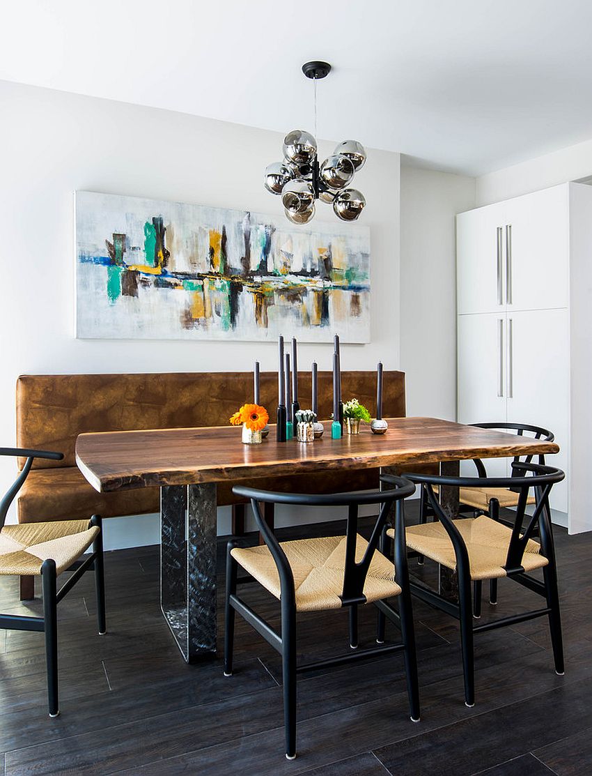 Industrial modern dining room with live edge table and bench [Design: Carriage Lane Design-Build / Stephani Buchman Photography]