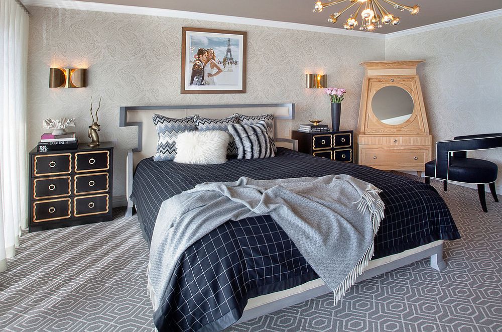 Just a hint of gold is what you get with these large bedside tables in black [Design: Preston Lee Design]