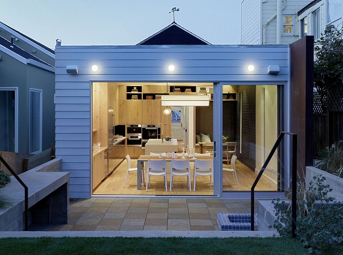 Kitchen and dining room that flows into the backyard