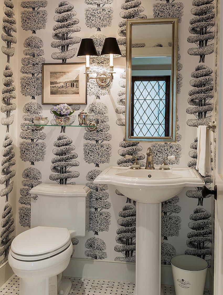 Linnaeus Noir wallpaper in the traditional powder room [Design: Wilson Kelsey Design]