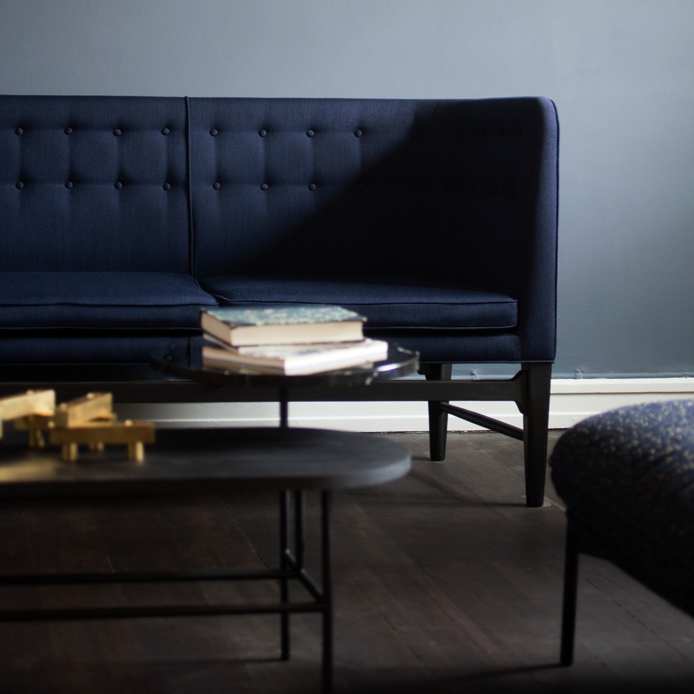 The Mayor Sofa in Kvadrat blue Balder. Image courtesy of &tradition.