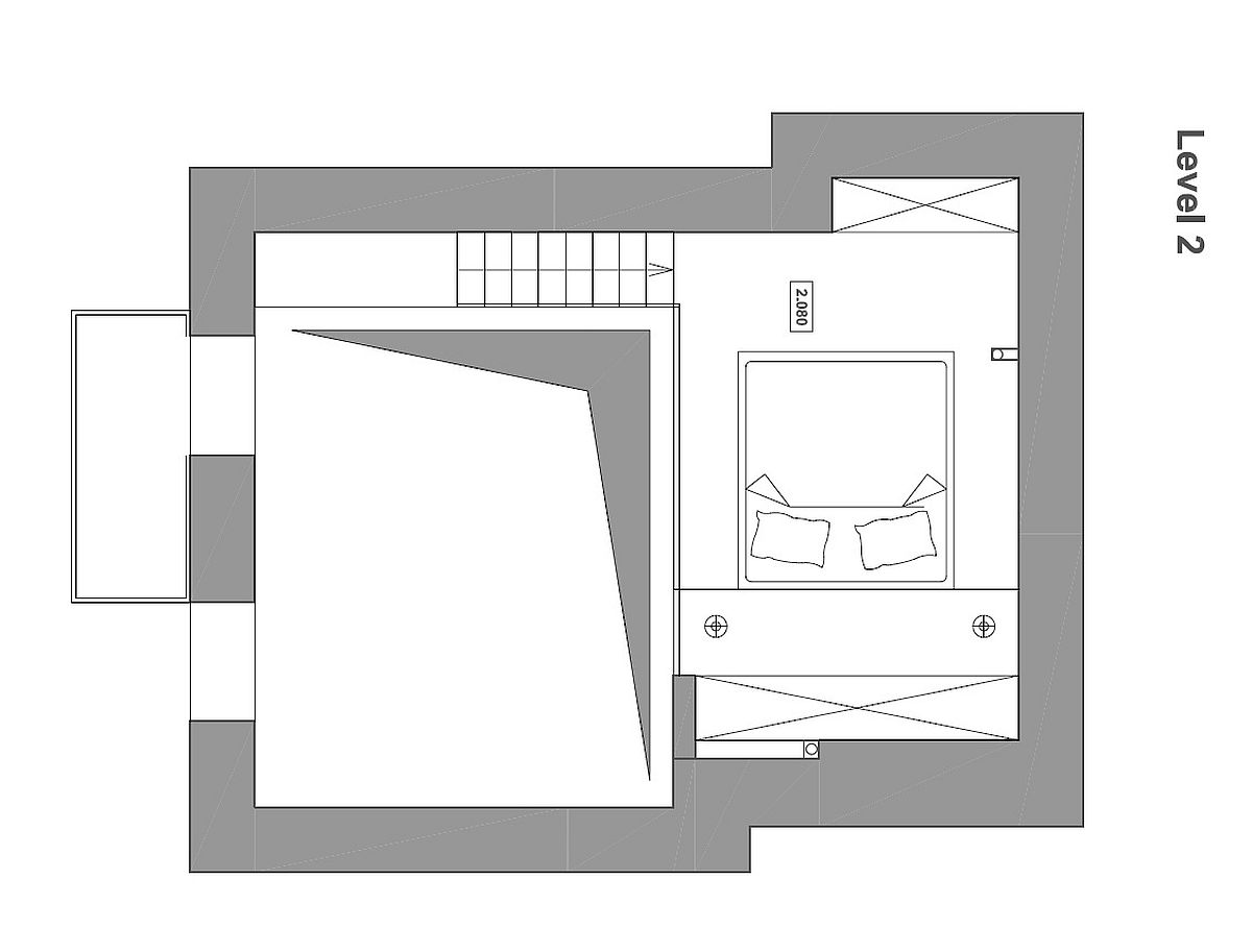 Mezzanine level floor plan that contains the bedroom and two wardrobes