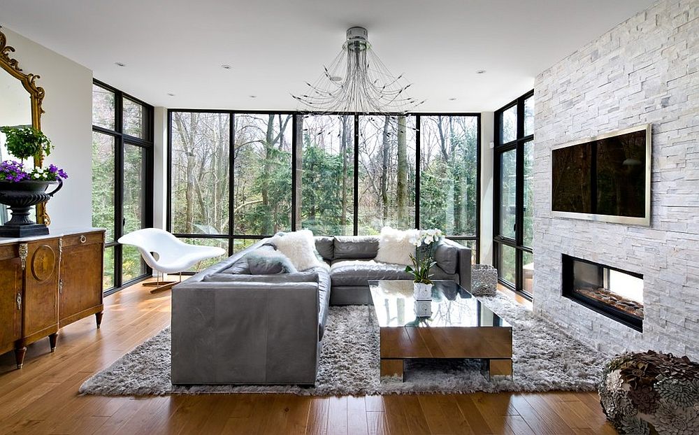 Midcentury living room with mirrored coffee table at its heart