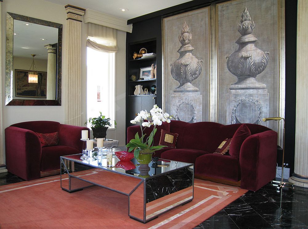 Mirrored coffee table adds glamour to the traditional living room [Design: Jerry Jacobs Design]