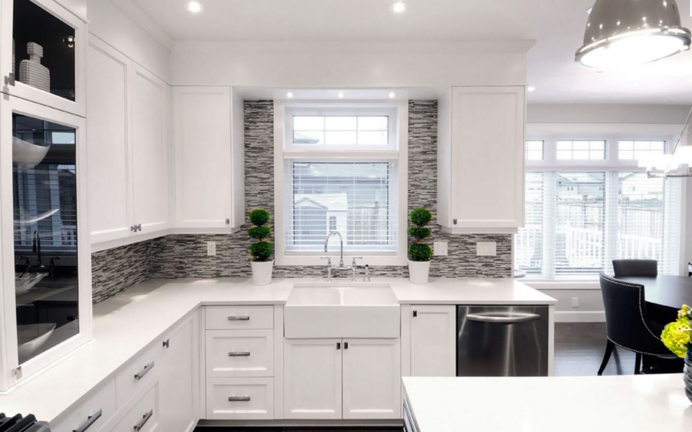 Modern kitchen with topiaries at the sink