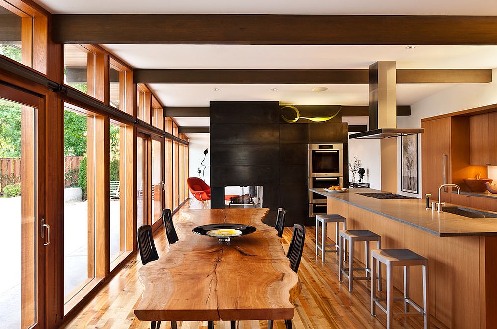 One of a kind live edge table brings uniqueness and natural elegance to the dining room [Design: ReruchaStudio]