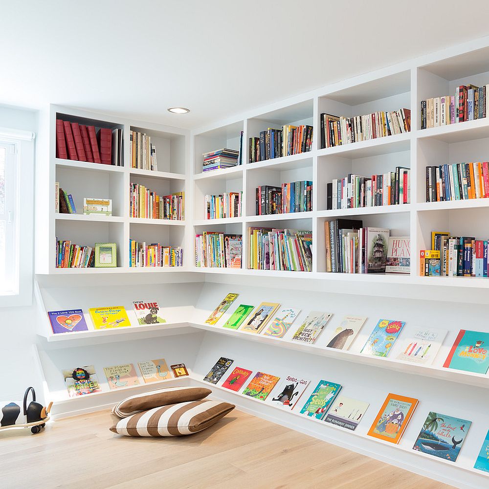 Open shelves and floor pillows give the corner a smart makeover [Design: Elevate Architecture / Photography: Black Bike Photography]