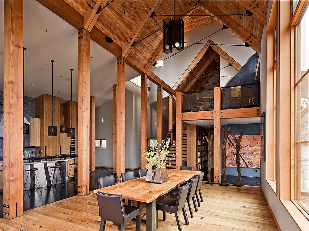 Organic vibe of the live edge dining table enhances the rustic style of this home [Design: WA Design Architects]