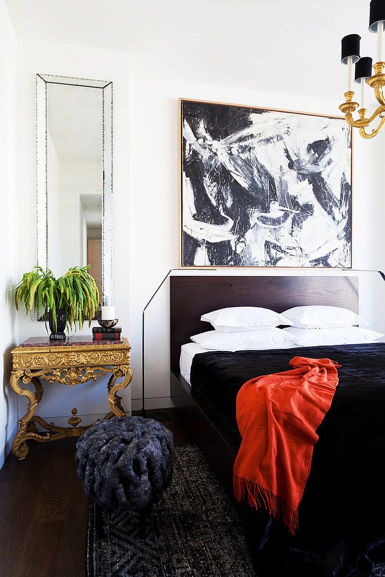 Ornate gold bedside table brings a hint of oriental charm to the contemporary bedroom [Design: Caleb Anderson Design]