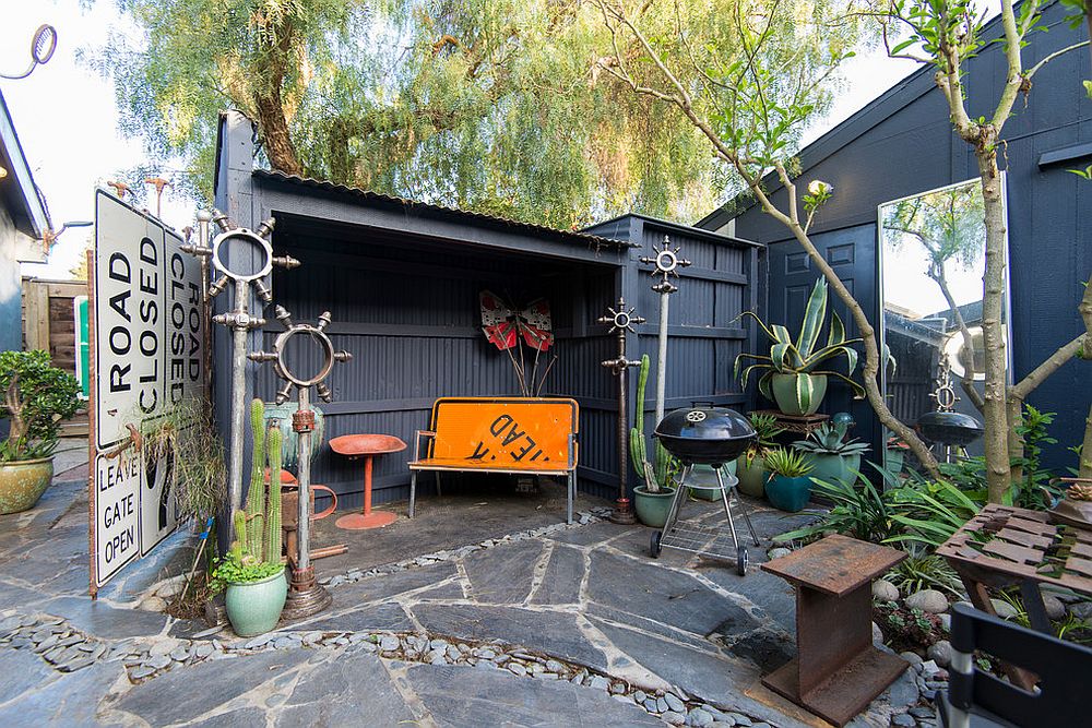 Patio with garage or shed is the perfect place to use the road sign