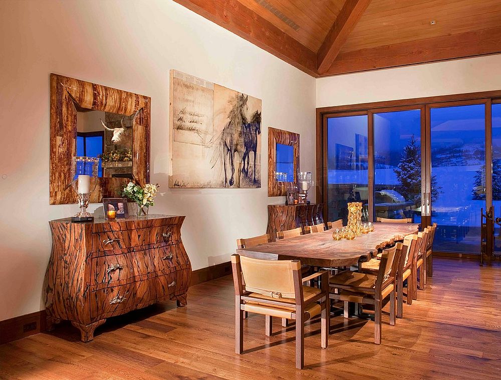 Raw wooden and live edge decor gives the contemporary dining space a traditional vibe [From: Charles Cunniffe Architects / James Ray Spahn]