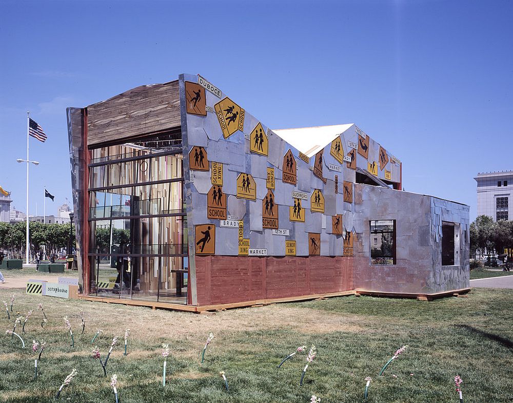 Salvaged and reclaimed school crossing signs cover the exterior of the Scraphouse [Design: Jensen Architects]