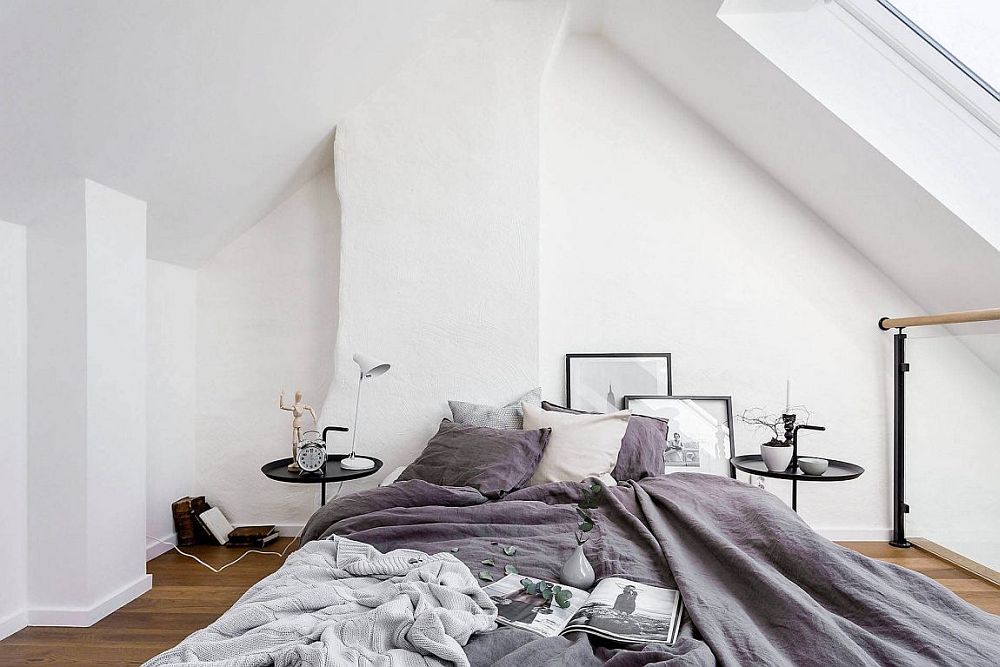 Scandinavian style bedroom in white and gray