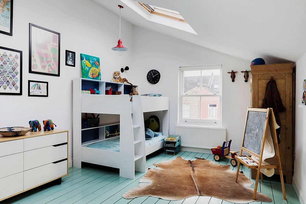 Scandinavian style kids' bedroom with corner bunk bed