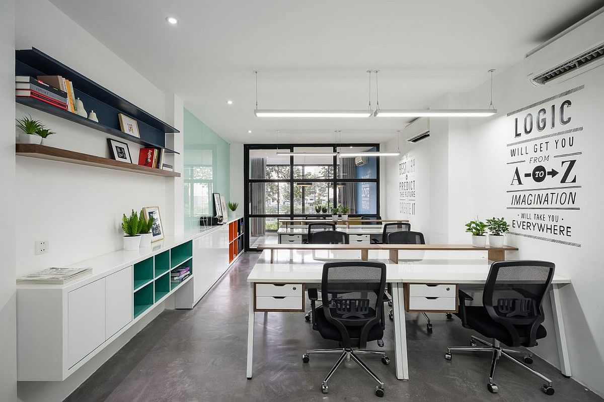 Second and third level workspaces with white backdrop and relaxing ambiance