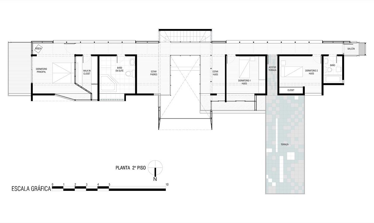 Second level floor plan with separate wings for the kids and adults