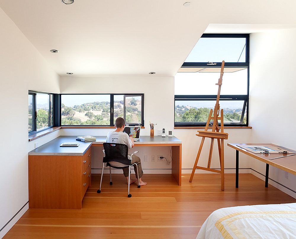 Smart contemporary teen room with corner workdesk and study