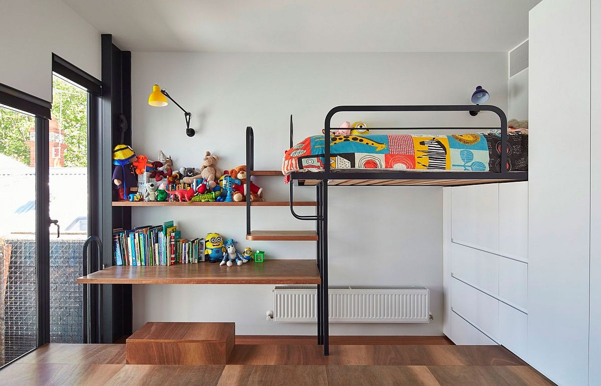 Space-saving kids' bedroom design with loft bed and ample toy storage space