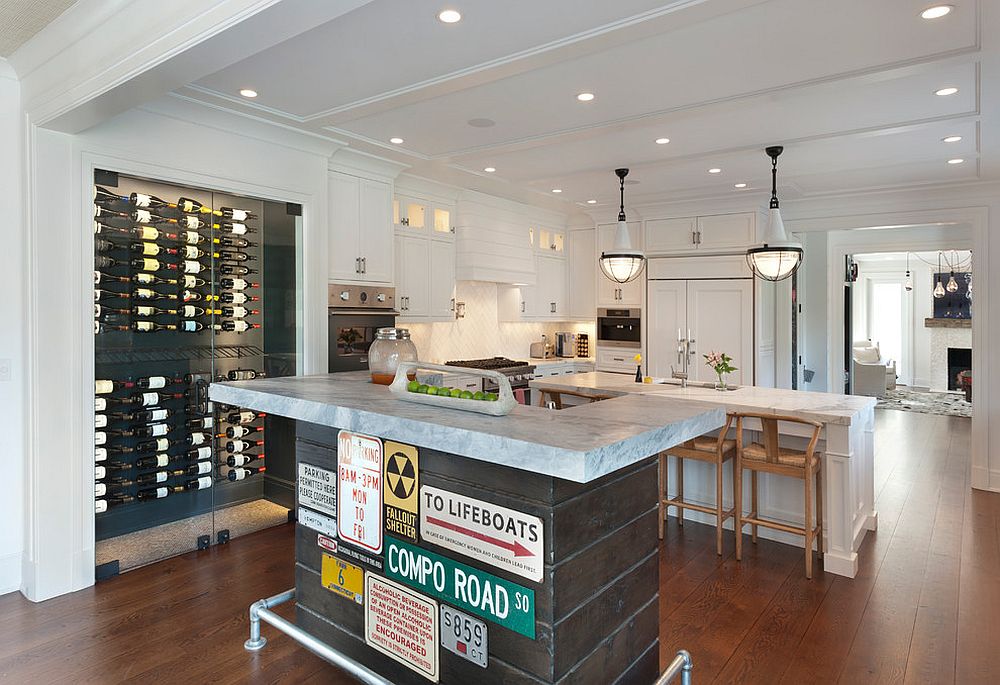 Street signs give the island in the home bar an industrial twist [From: Hogue Interior Design]