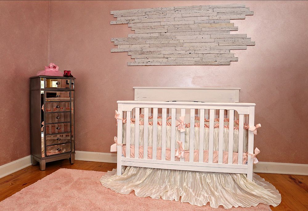 Textured wall in pink gives the shabby chic nursery a hint of rustic beauty [From: Southern Vintage]