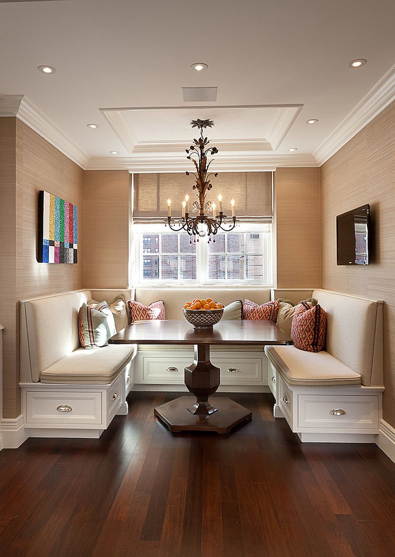 Traditional banquette dining room with pull out drawers that offer plenty of storage space [Design: The Renovated Home]