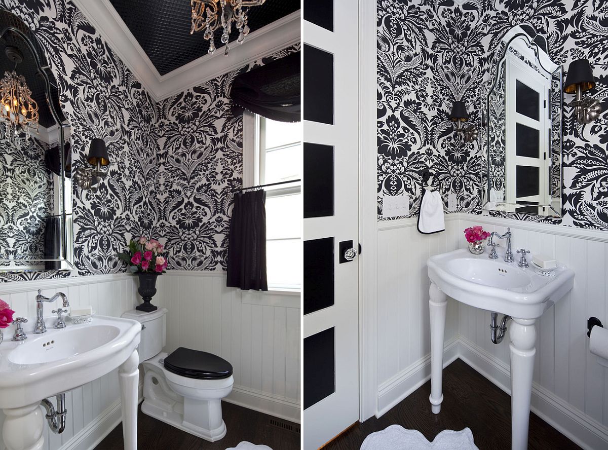 Traditional powder room in black and white with a lovely chandelier