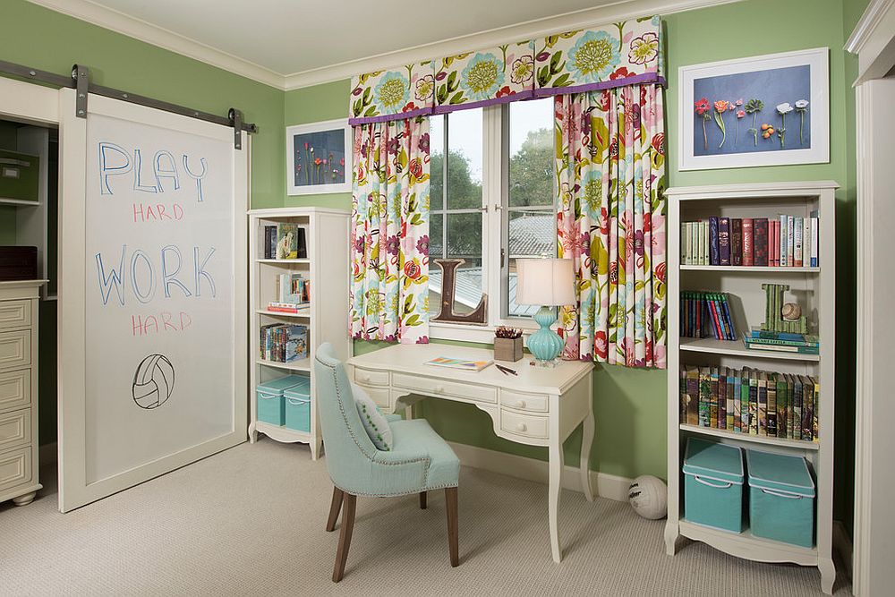 Transitional girls' bedroom with barn door covered in whiteboard [From: Johnston Home / Finger Photography]