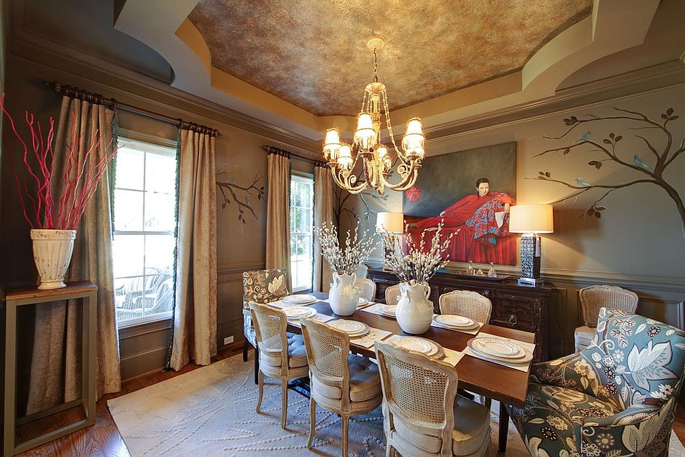 Unique ceiling and colorful wall art create a stunning Asian style dining room [Design: Kerri Robusto Interiors]